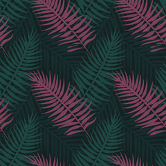 Seamless tropical pattern, vivid tropic foliage, with palm leaves. Modern bright summer print design. Black background