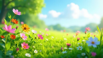 Fototapeta premium Vibrant wildflowers blossom in a sunlit meadow, showcasing a picturesque spring landscape with a gentle breeze