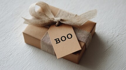 Brown paper gift box with linen ribbon and “Boo” tag on white wooden background perfect for Halloween packaging design, seasonal branding and rustic spooky celebration themes