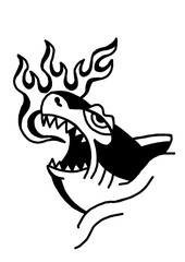Furious flaming shark illustration in bold black and white
