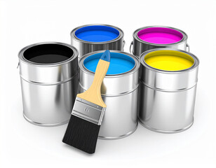 Colorful paint cans with brush on white background illustrating diy projects and home improvement concepts for creative designs