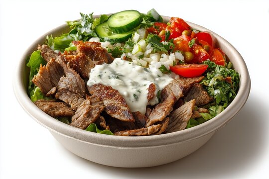 Savor the flavors of a lamb gyro bowl surrounded by fresh greens, tomatoes, cucumbers, and a tangy sauce on a pristine white background