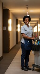 Black housekeeper standing proudly in hotel hallway on Labor Day