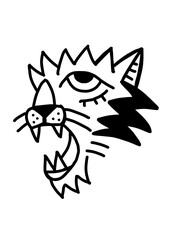 Roaring wolf head with one eye, abstract line art