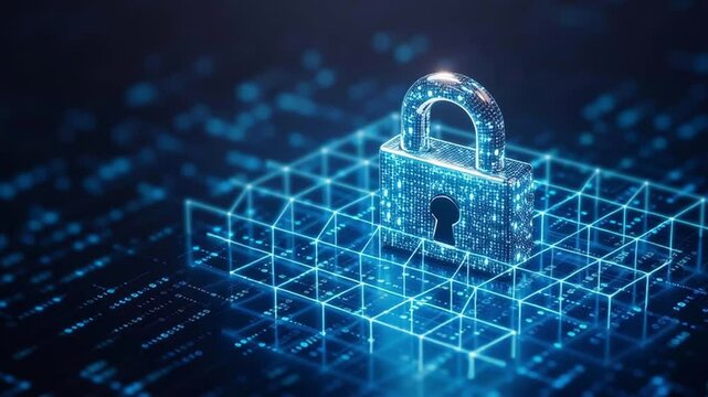 Cybersecurity concept with a digital lock over a binary code background, blue tones