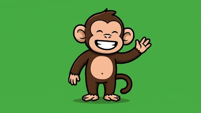 A playful animated cartoon monkey mascot with wide toothy smile gestures a friendly waving hand in vibrant style