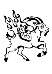 Goat with a flaming heart, running. Symbolic illustration