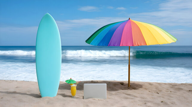 Surfboard, rainbow umbrella, cocktail and laptop on sandy beach with ocean waves, symbolizing work and relaxation