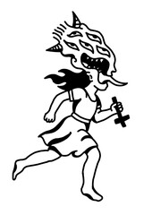 Woman with monster head running, holding a cross