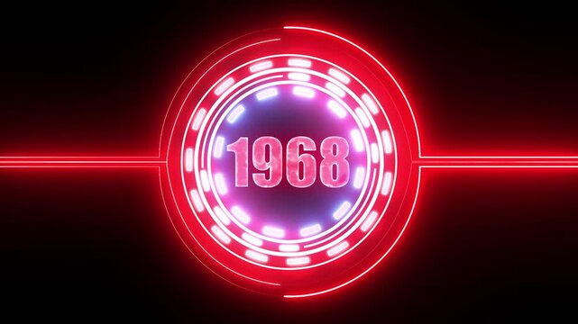 1968 text with screen effects of technological failures. Concept of counting years. Past year technology concept