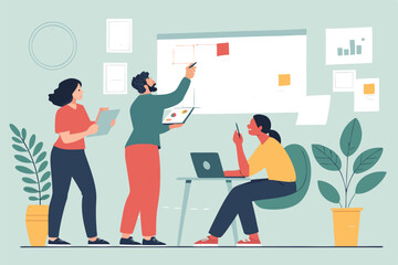 Vector creative agency team brainstorming ad campaign ideas, modern office setting, graphic design, communication, strategy.