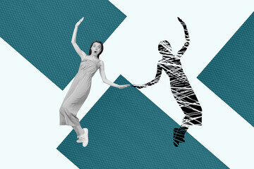 Banner full 3d artwork collage of happy girl guy dance shadow friend weekend chill party friday...