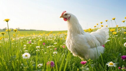 Fototapeta premium Close-up of a pristine white chicken foraging peacefully in a lush green field dotted with a variety of wildflowers, illuminated by the gentle sunlight.