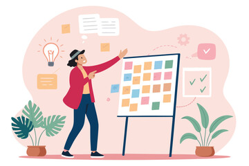 Vector illustration Creative marketer, standing near idea board, brainstorming marketing strategies, plans, data analytics, charts.