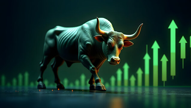 A glowing bull symbolizes market growth and strength, standing confidently amidst rising charts and green signals.