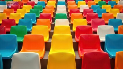 Obraz premium A vibrant array of colorful stadium seating arranged in a symmetrical pattern, showcasing a spectrum of hues and a sense of anticipation.