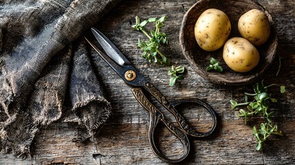 Flat lay of scissors, linen towel, and sprouting potatoes on rough wooden board