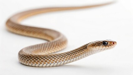 Naklejka premium A slender garter snake, identifiable by its distinctive stripes, gracefully glides across a clean white background, showcasing its natural patterns. Perfect for themes of backyard wildlife