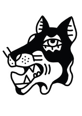 Stylized wolf or dog head with a third eye, representing intuition or mystery