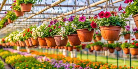 View of flowers hanging baskets or pots in the greenhouse with drip irrigation system, flowers, nature, flowers