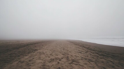 Foggy beach scene with waves.