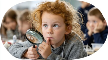 A curious child examines something with a magnifying glass in a classroom, surrounded by other attentive students.