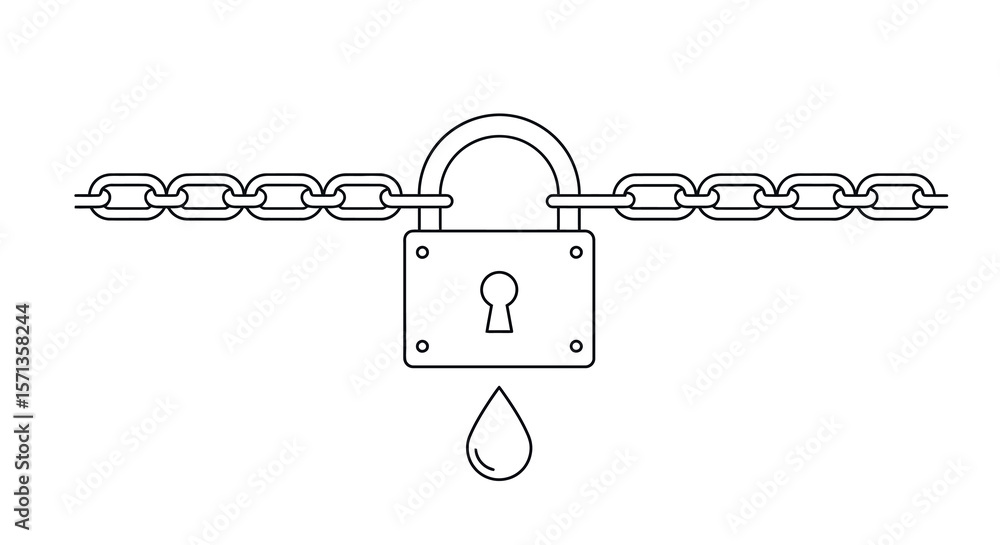 Poster vector illustration of a lock and chain with water droplet in minimalist line art style for security