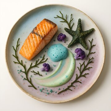 Grilled salmon steak with artistic garnish and sauce on a plate for a healthy and delicious meal