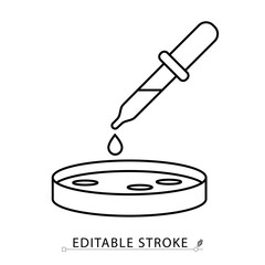 A sample drop icon in minimalist style with editable stroke. Laboratory pipette, petri dish, liquid test, clinical specimen, medical analysis, biology research, outline object, vector illustration.
