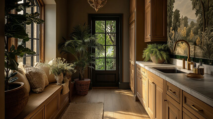 Serene Kitchen Interior: A sun-drenched kitchen interior with elegant wooden cabinetry, featuring a view of lush greenery through a paneled door, creating a sense of calm and sophistication.