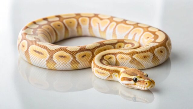 A beautiful ball python, featuring intricate brown and golden patterns, gracefully coiled on a pristine white background. Perfect for themes of exotic pets, reptiles, or unique animal morphs.

