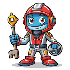 A  robotic character, holding a wrench and a helmet,  in a racing suit