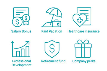 Corporate benefits vector illustration set in neon style for workplace incentives