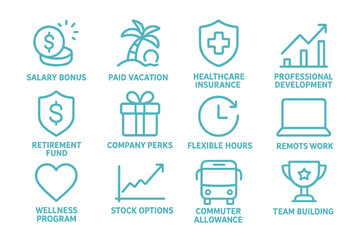 Neon style vector illustration of employee benefits icons for professional development and wellness programs