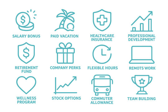 Neon style vector illustration of employee benefits icons for professional development and wellness programs