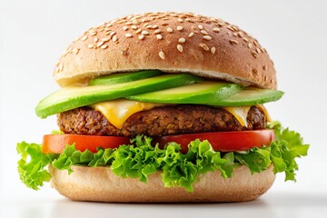 Delicious veggie burger topped with fresh avocado, crisp lettuce, and juicy tomato on a soft sesame bun against a clean white background