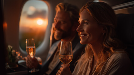 Sunset Flight: A couple enjoys champagne as they watch the sunset from their airplane seats.