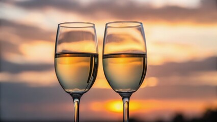 Two elegant glasses of champagne against a beautiful sunset backdrop, symbolizing celebration and relaxation.