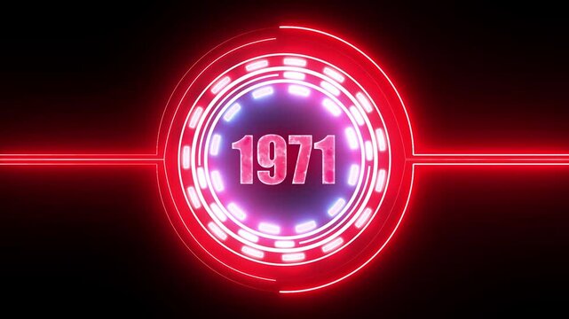1971 text with screen effects of technological failures. Concept of counting years. Past year technology concept