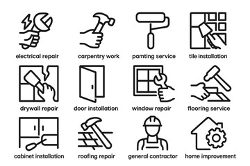 Line vector illustration of home improvement and repair services icons for design and print
