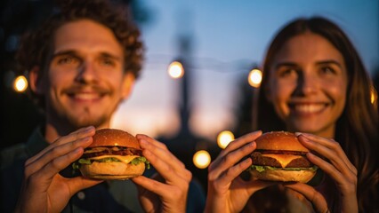 Two smiling individuals hold large burgers outdoors against a backdrop of warm lights, creating a joyful and inviting dining atmosphere.