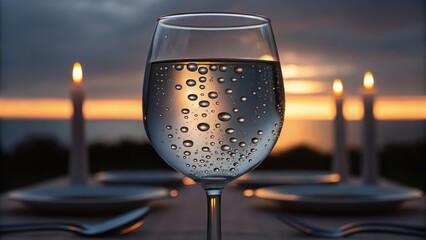A close-up of a glass of water with bubbles, set against a sunset backdrop and illuminated by candlelight.
