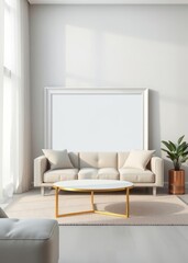 In the heart of a minimalist living room a pristine white photo frame its edges adorned with a subtle gold trim stood ready to showcase cherished memories its simple elegance adding a touch of sophist