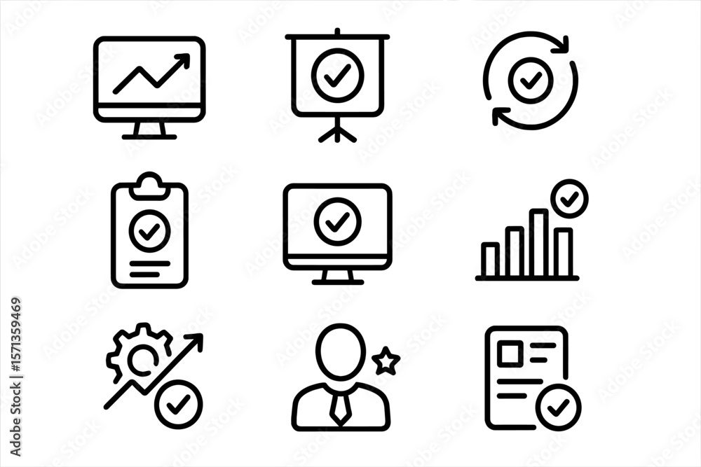 Poster business and data analysis icons vector illustration for presentations and reports in line style