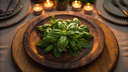 Fresh basil leaves elegantly arranged on a wooden platter, surrounded by soft candlelight, creating a warm and inviting dining atmosphere.
