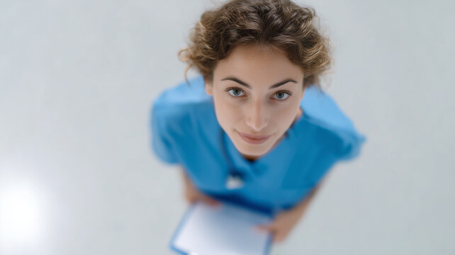 Young female nurse in blue uniform smiling, holding clipboard, wide angle high camera view, hospital setting