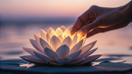 A hand gently places a glowing lotus flower on water, creating a serene and tranquil atmosphere during sunset.