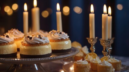 Delightful dessert display with creamy cakes, candles, and a warm ambiance, perfect for celebrations or special occasions.