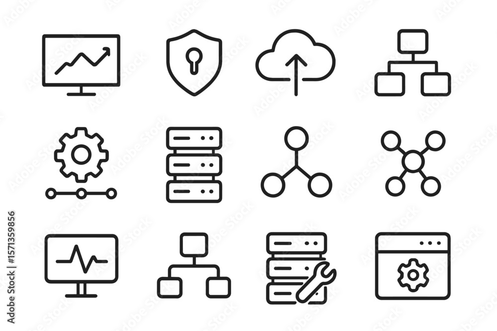 Poster technology and network data management icon set vector illustration for web and app design