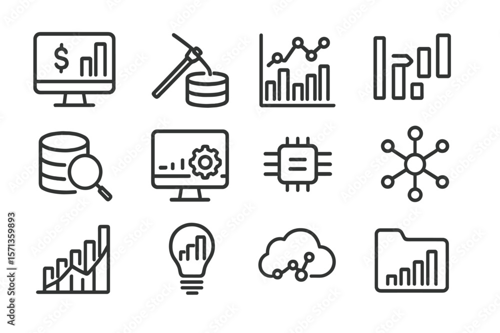 Poster data analytics and technology vector illustration – modern line icons for digital and business solut
